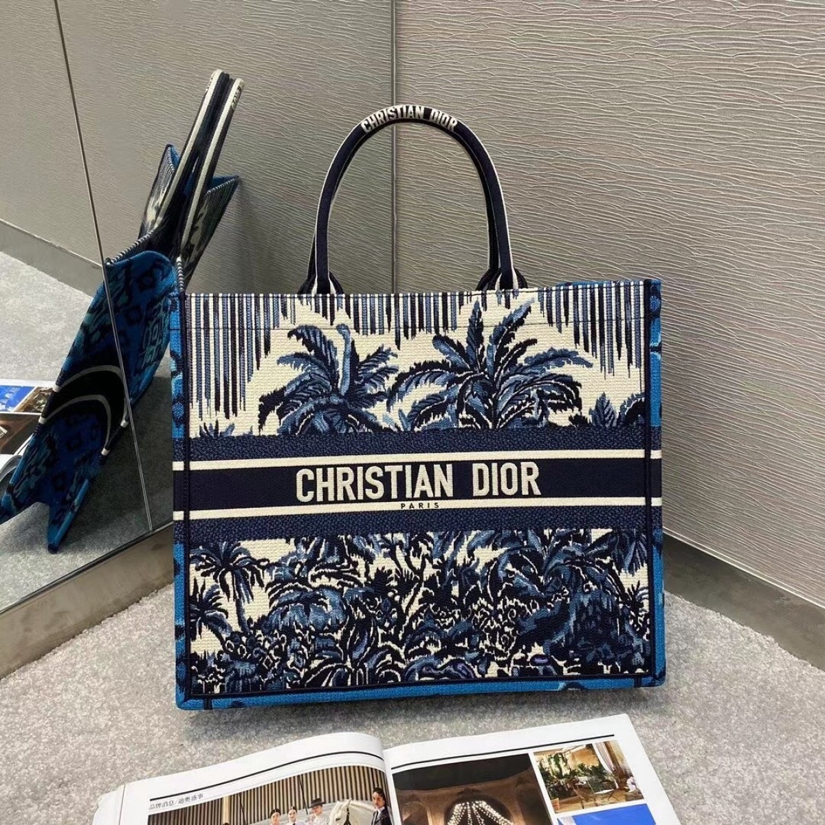 Dior Book Tote Bag In Blue Dior Palms Embroidery High Quality Replica